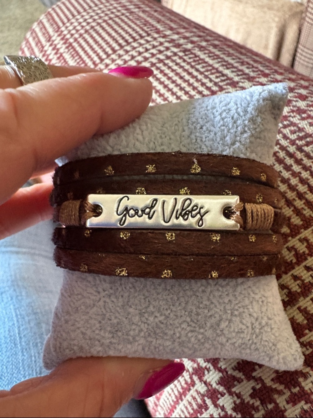 Good Vibes Brown Leather Wrap Bracelet with Gold Accents